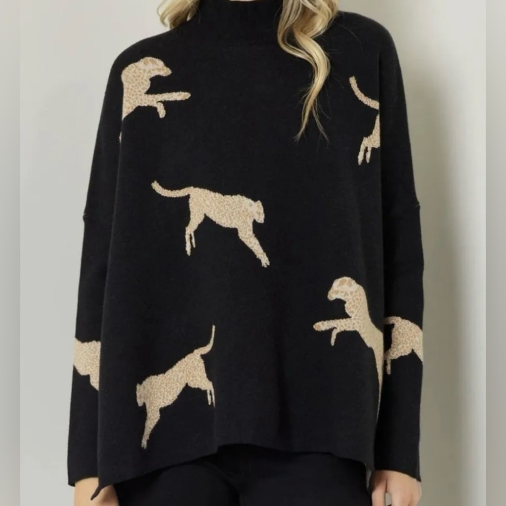 Entro Black Cheetah Mock-Neck Sweater Medium